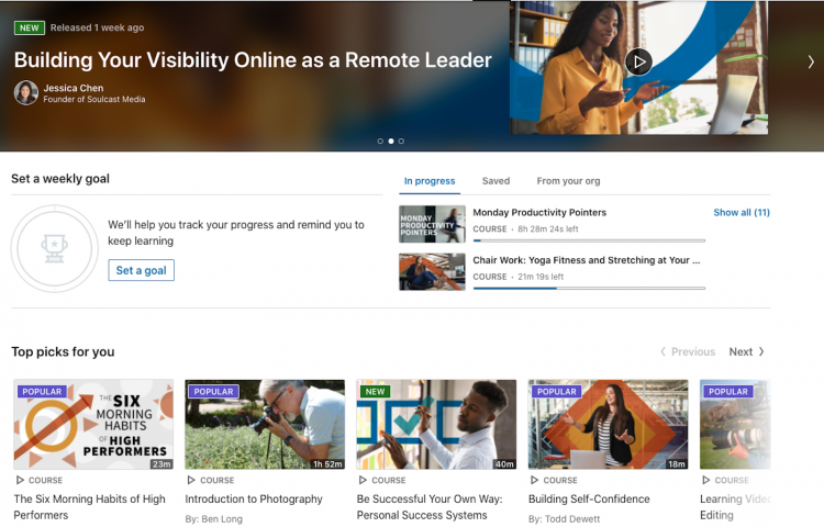 The LinkedIn Learning homepage displays personalized video recommendations. Photo courtesy of LinkedIn Learning.