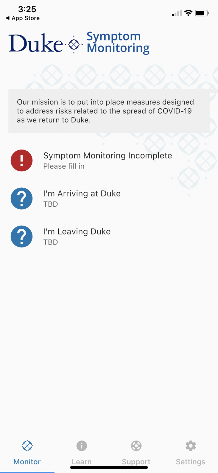 Duke's symptom-monitoring form asks Duke community members to report any COVID-19 symptoms.