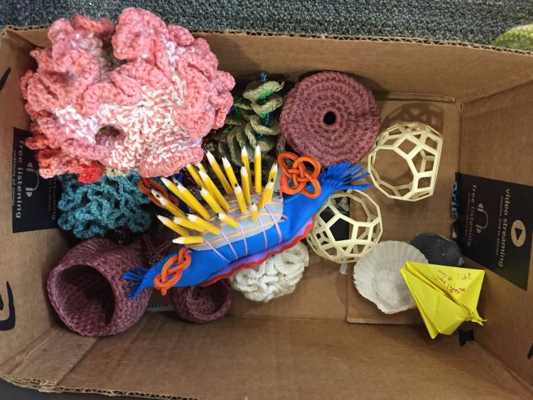 Crocheted corals by Daina Taimina, knot-adorned nudibranch by Tasha Pruitt, 3D printed polyhedra by Henry Segerman, origami shell by Faye Goldman. 