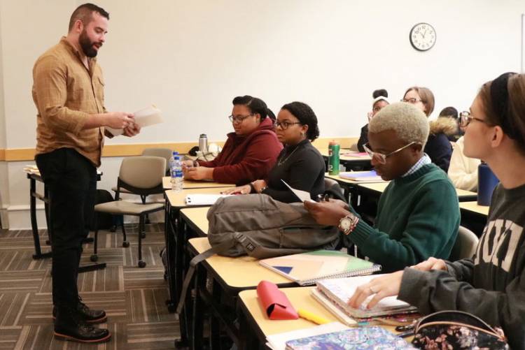 Professor Samuel Daly addresses students in an “Intro to African Studies” course offered through the African and African American Studies this spring. 