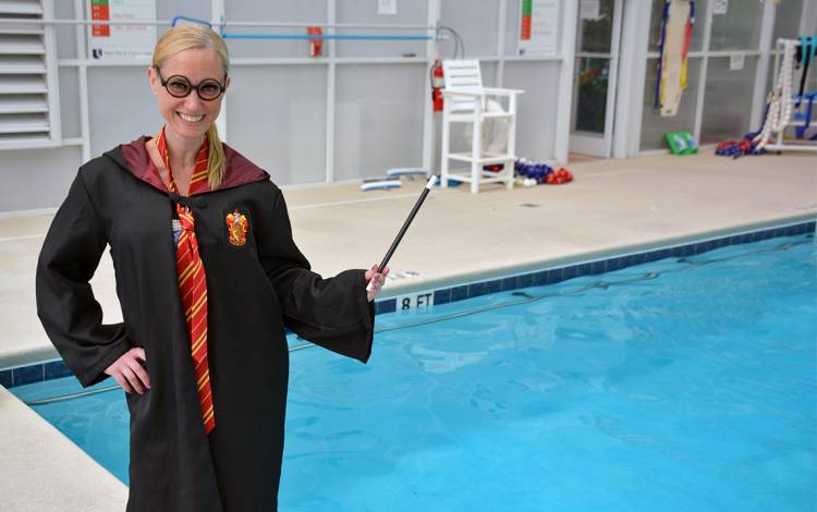 Jessica Bolz dresses up as Harry Potter for her water fitness classes.