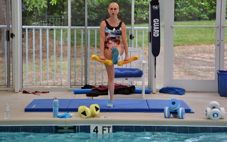 Jessica Bolz Bolz teaches aerobics, stretching and resistance training at the Duke Diet & Fitness Center pool. Photo by Jonathan Black.