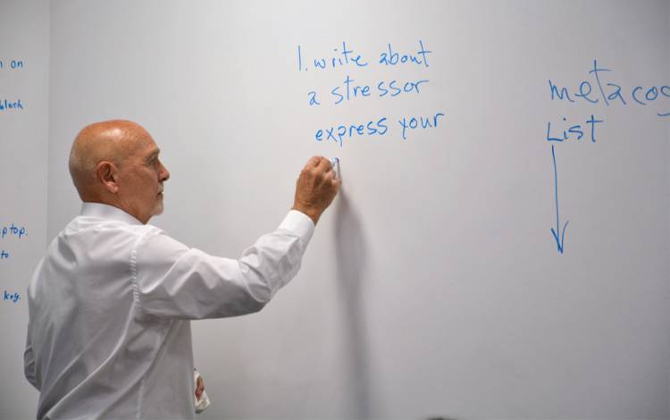 John Evans teaches a wellness and writing workshop in April at the Health Humanities Lab in Trent Hall. Photo by Jonathan Black.