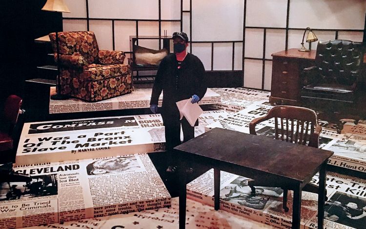 Jules Odendahl-James is masked up and on the set of the show she directed at Playmakers' Repertory Company in January 2021. Photo courtesy of Jules Odendahl-James.