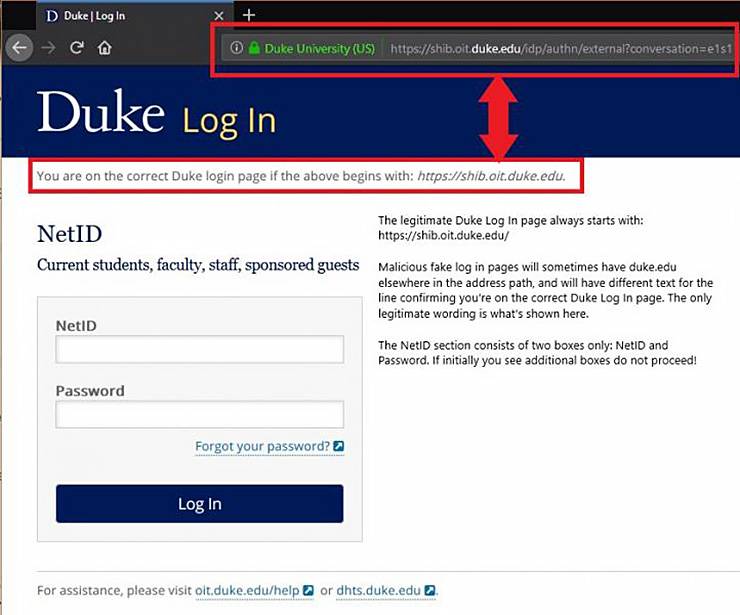 Duke log-in page