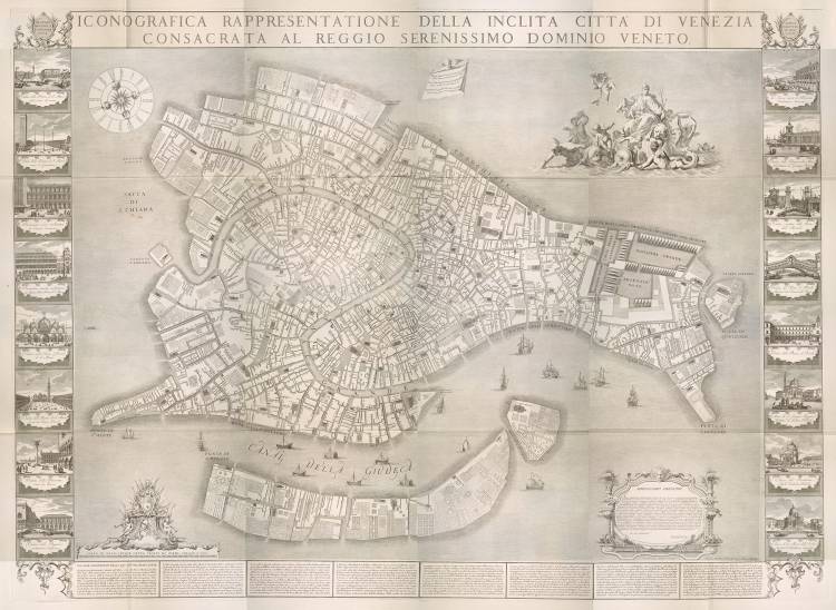 A map of Venice printed from an engraving created by Ludovico Ughi in 1729.