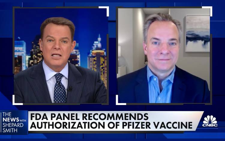 Mark McClellan, right, speaks to journalist Shepard Smith on CNBC. Photo courtesy of the Duke-Margolis Center.