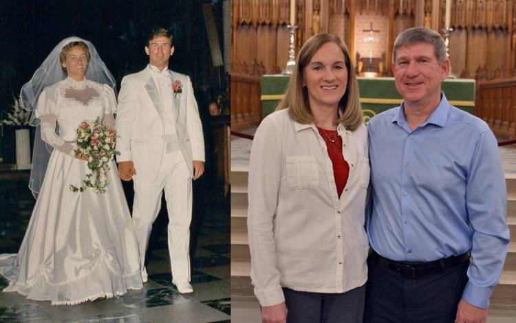 (Left photo) Sandy and Mark King married at Duke University Chapel in 1987. (Right photo) Mark now works at the Chapel as the hospitality coordinator.