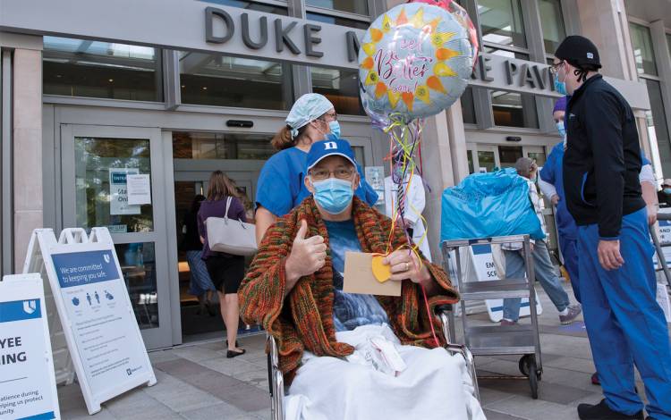 Maury Turner of Fayetteville heads home on Aug. 14 after spending 32 days in Duke University Hospital for COVID-19. Turner represents the 1,000th COVID-19 patient discharged from Duke Health hospitals.