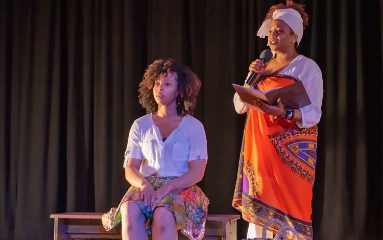 Najla McClain, right, performs in Approximation of a Woman, by Jasmine Powell, at Durham's Hayti Heritage Center. Photo courtesy of Najla McClain.