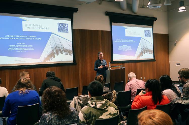 Nicole Schramm-Sapyta introduces a workshop led by Sim Sitkin on leadership behaviors in a lab setting. (Photo: Kathy Neal)