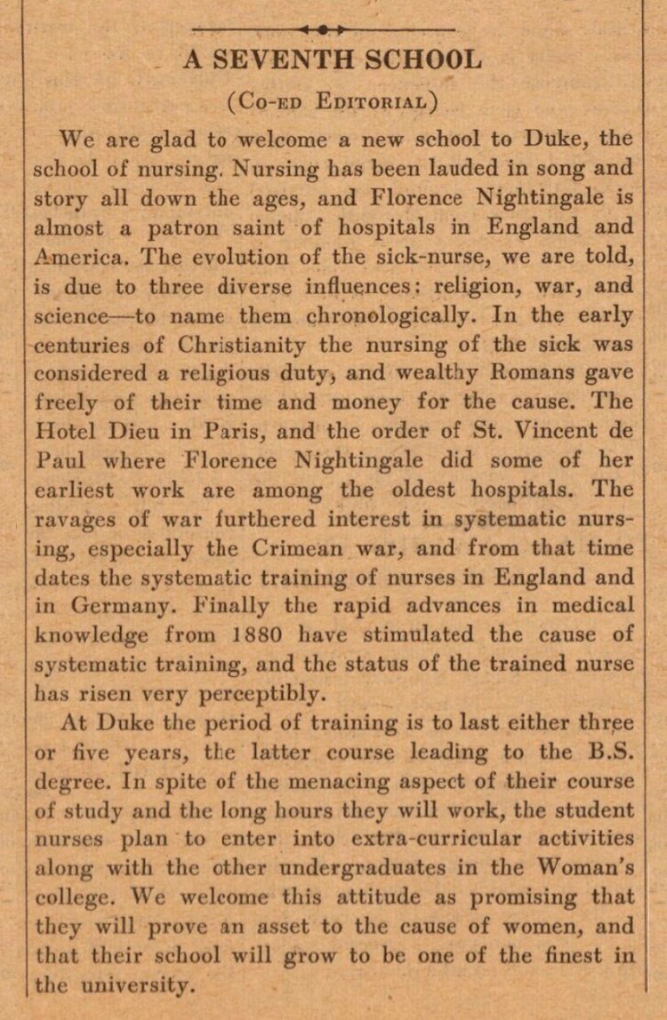 A column in the January 7, 1931 edition of The Duke Chronicle discusses the opening of the Duke University School of Nursing. Image courtesy of the Duke University Archives.