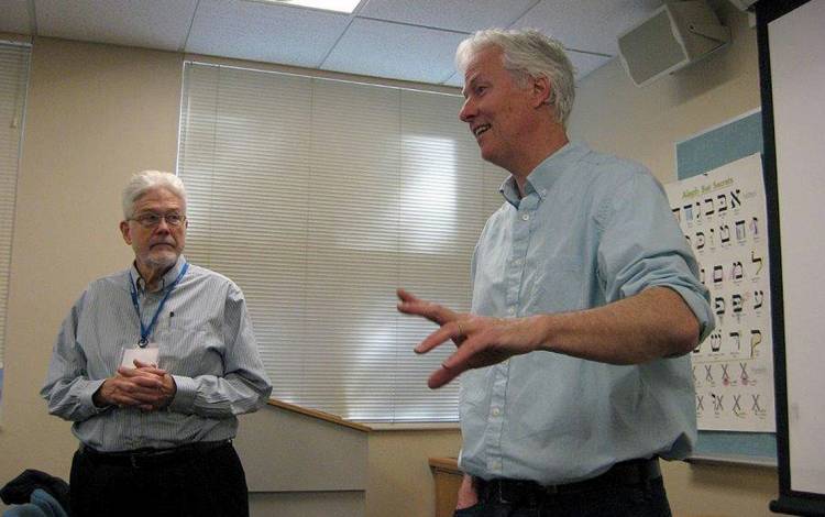 OLLI instructor Alan Teasley and Documentary Studies professor John Biewen lead a class on podcasting. Photo by Stuart Well, University Communications.