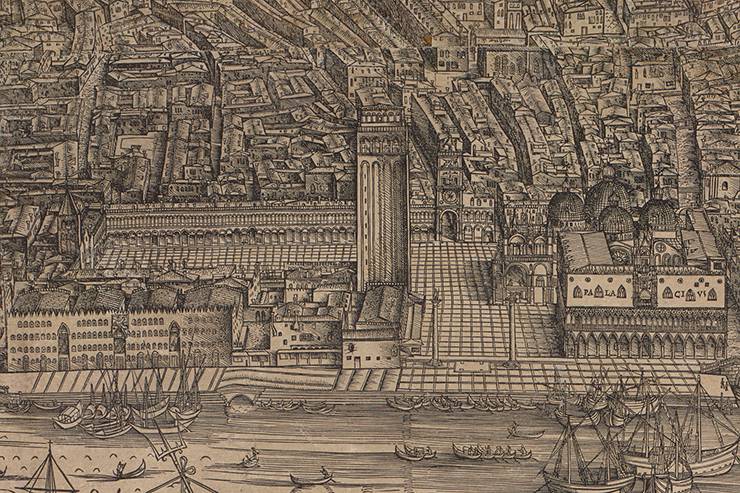 Jacopo de’ Barbari’s woodcut shows Venice in intricate detail, like this portion depicting the Piazza San Marco.