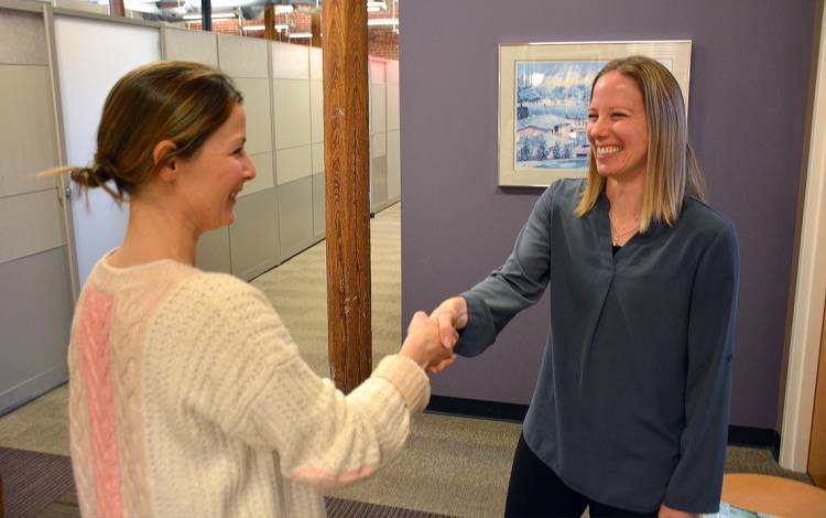 Rachel Coleman, right, recommends keeping your responses to under 30 seconds at a networking event. Photo by Jonathan Black.