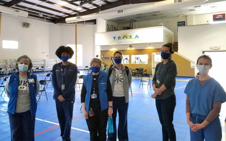 Volunteers from the Duke University School of Nursing help with a COVID-19 vaccination clinic at TROSA. Photo courtesy of the Duke University School of Nursing.