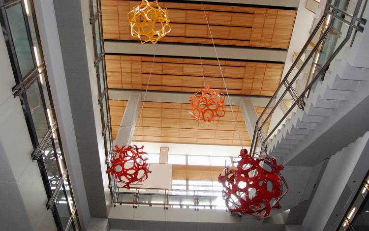 Using symmetry, color and negative space, the “Geometry Ascending a Staircase” sculpture has become a beloved part of the Fitzpatrick Center for Interdisciplinary Engineering, Medicine and Applied Science. Photo by Stephen Schramm.