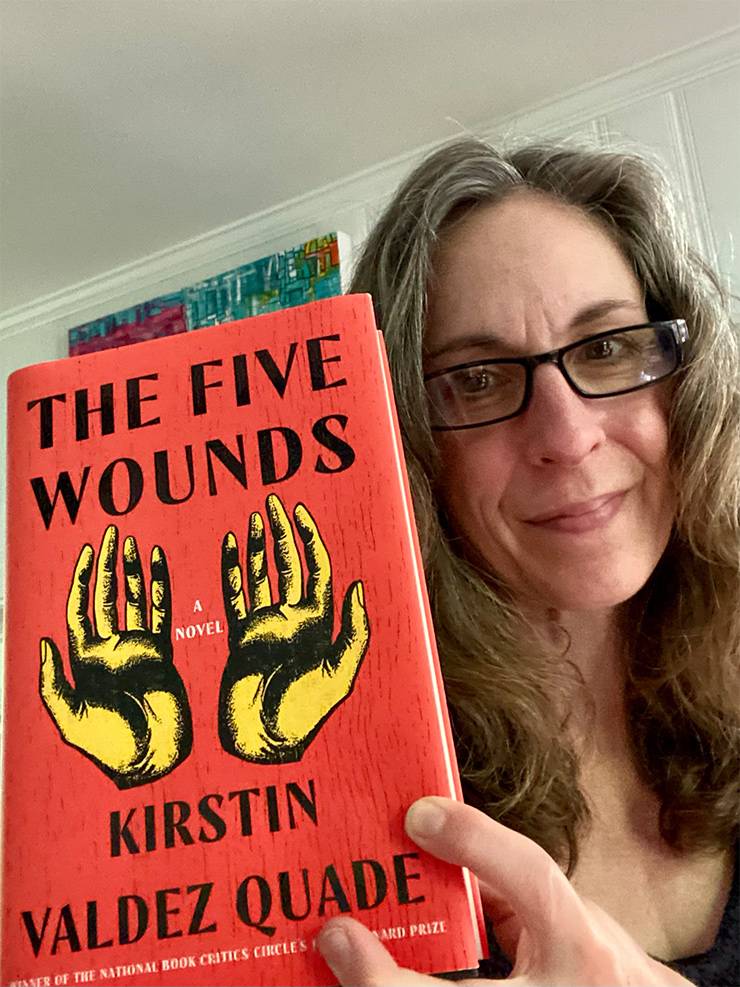 Sue Mathias is reading The Five Wounds. Photo courtesy of Sue Mathias.