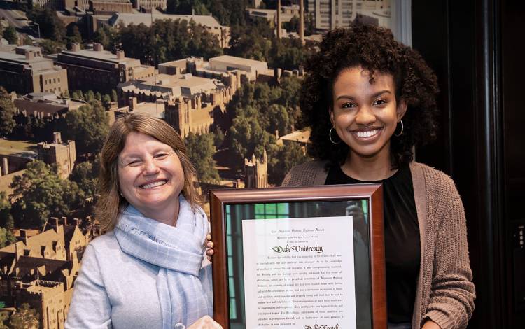 (Left to right) Duke University Provost Sally Kornbluth and Idalis French at the Sullivan Awards ceremony. Photo by Les Todd.