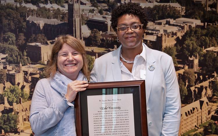 (Left to right) Duke University Provost Sally Kornbluth and Niasha Fray at the Sullivan Awards ceremony. Photo by Les Todd. 