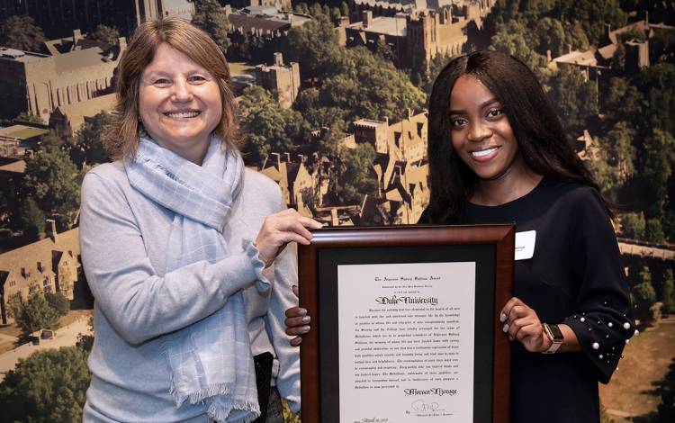 (Left to right) Duke University Provost Sally Kornbluth and Moreen Njoroge at the Sullivan Awards ceremony. Photo by Les Todd. 