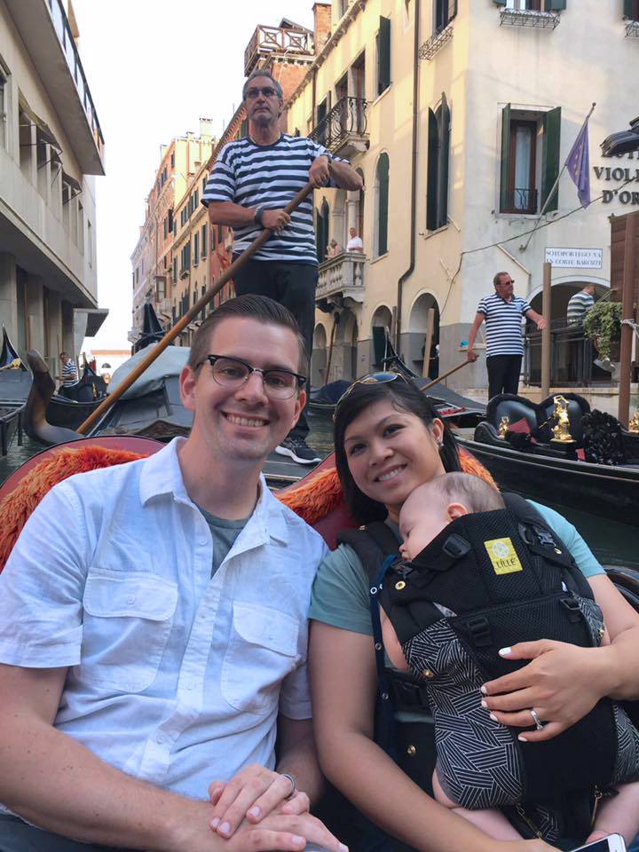 Tara Morgan rides a gondola in Venice, Italy with her husband and son.