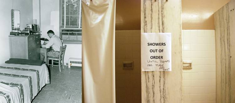 At left, a Trent Hall dorm room from the 1950. At right, full showers still line the walls of most of Trent Hall's restrooms.