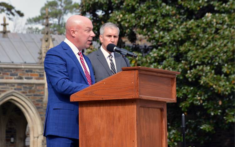 Duke Health Chief Information Security Officer Randy Arvay speaks about importance of service during Thursday's Veterans Day ceremony. Photo by Stephen Schramm.