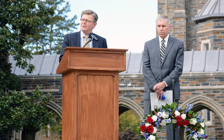 Duke University President Vincent E. Price, left, addresses the audience alongside Duke Vice President for Administration Kyle Cavanaugh. Photo by Stephen Schramm.