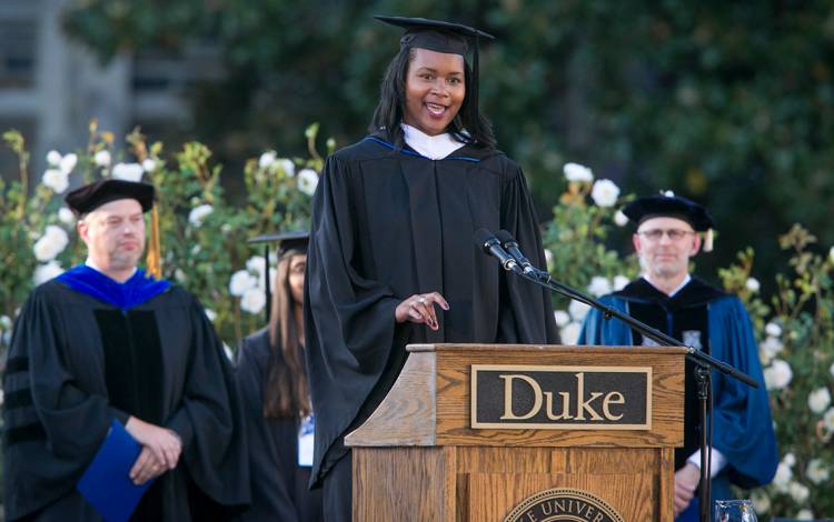 Victoria Bright said she does get nervous before speaking engagements, such as the inauguration of Duke President Vincent E. Price, but her preparation means she never lacks confidence. Photo courtesy of Duke Alumni Association.