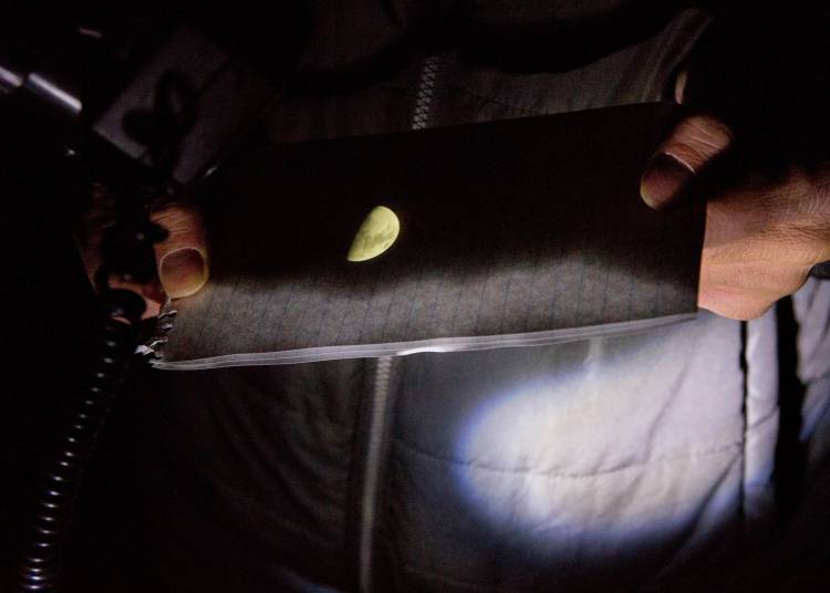 Yuriy Bomze, a Physics lab administrator and Duke Teaching Observatory instructor, shows an image of the moon's surface reflected onto a notepad from a telescope. Photo by Jared Lazarus, Duke University.