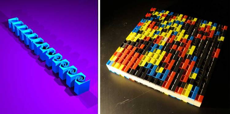 A series of colorful Lego-like pieces can be arranged into several grid shapes to manipulate acoustic waves.
