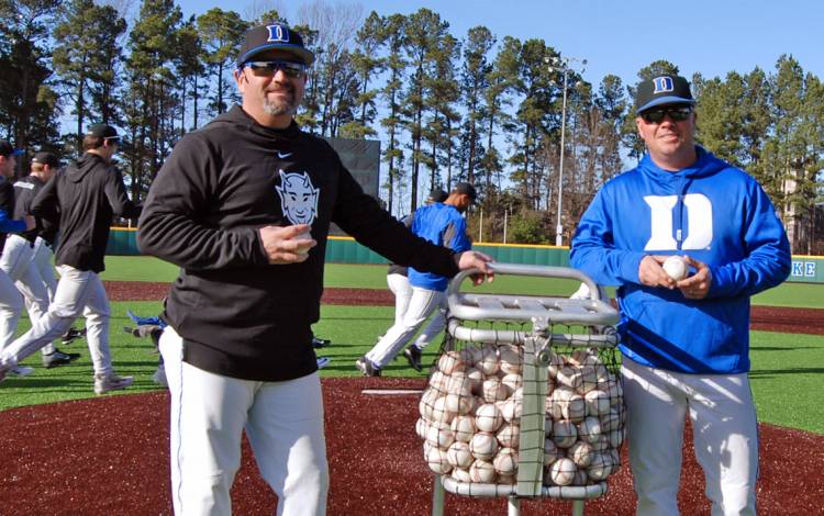 Duke baseball coaches Jason Stein and Josh Jordan. Photo by Stephen Schramm.