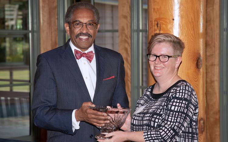 Duke Vice President for Institutional Equity & Chief Diversity Officer Benjamin Reese and Diversity Award winner Kelly Wooten. Photo by Les Todd.