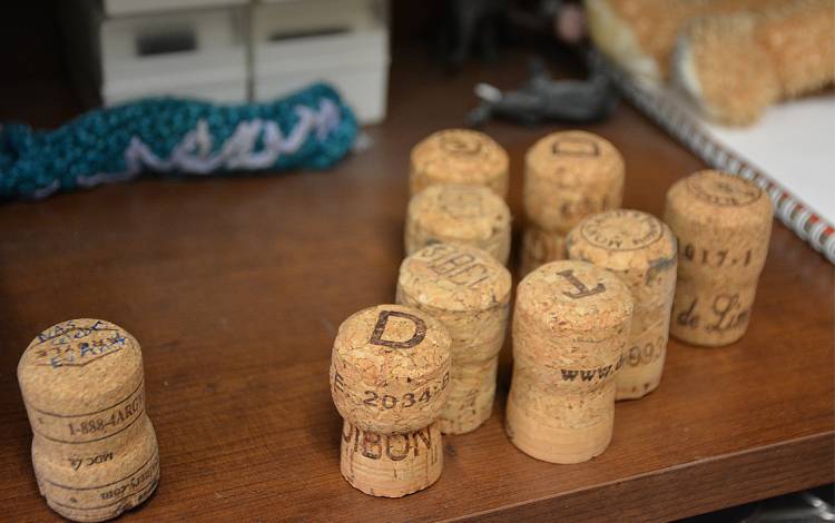 Susan Alberts always celebrates with a glass of champagne when the Ph.D. students she advises defend their thesis. She keeps the corks from the bottles in her office. Photo by Jonathan Black.