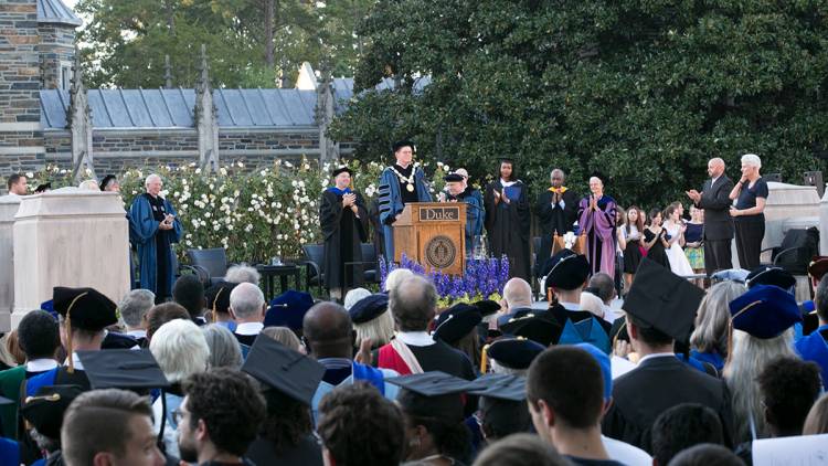 Vince Price delivers his inaugural address Thursday at the Abele Quad ceremony. Photo by Duke Photography