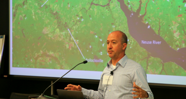 Lee Ferguson speaks about post-hurricane flooding and toxins at the Coming Storm conference