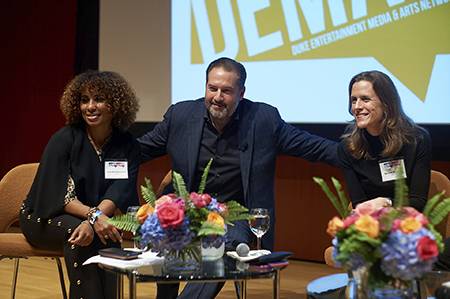 From left to right, Duke alumni Jennifer Baltimore, of Universal Music Group, James Schwab of Vice Media and Brooke Bowman of Fox Broadcasting Company at a 2018 DEMAN panel. From left to right, Duke alumni Jennifer Baltimore, of Universal Music Group, James Schwab of Vice Media and Brooke Bowman of Fox Broadcasting Company at a 2018 DEMAN panel.