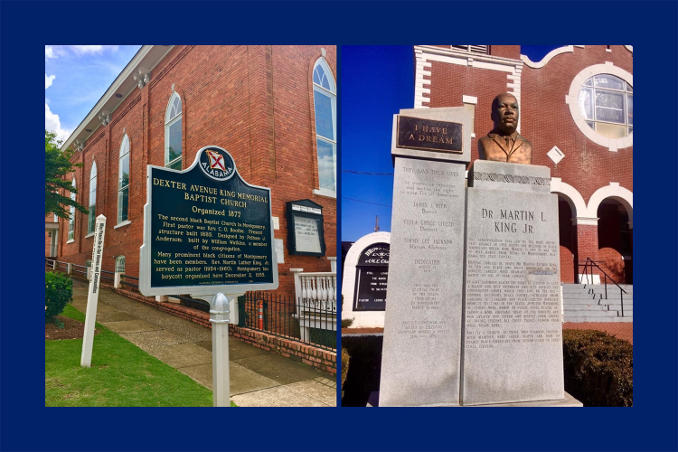 Dexter Avenue King Memorial Baptist Church; Right, a civil rights memorial