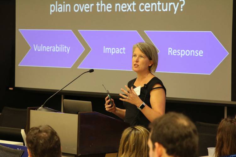 Duke ecosystem ecologist Emily Bernhardt spoke about ghost forests, which are being caused by salt water intrusion along the coast.  Photo by Sergio Tovar