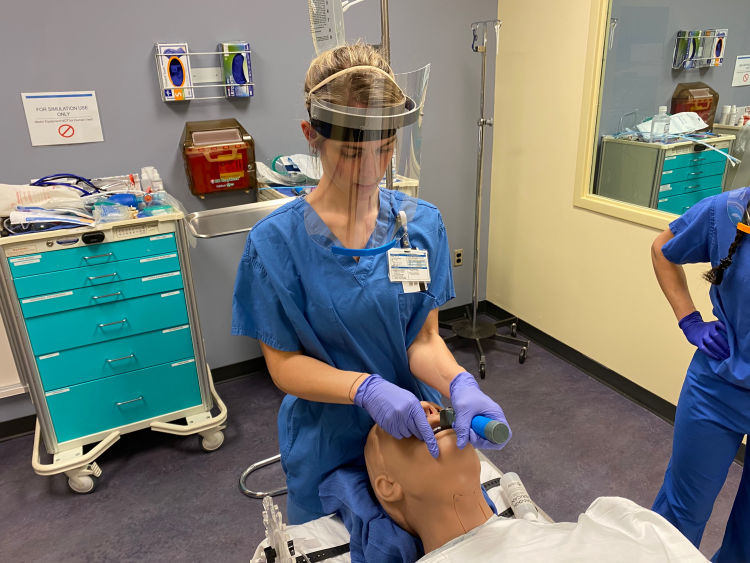 Nurses test face shield prototypes in the Duke University School of Nursing Nurses test face shield prototypes in the Duke University School of Nursing