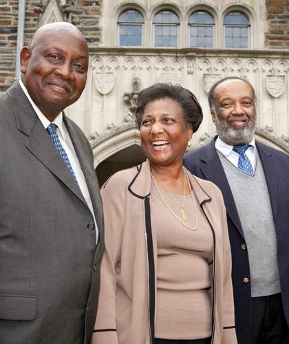 Gene Kendall, Wilhelmina Reuben-Cooke, and Nathaniel White, Jr. on campus in 2012 as part of a celebration of the anniversary of their arrival on campus.