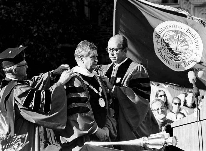 The chain of office is placed on President Terry Sanford, the first time it was used at Duke. Photo: University Archives