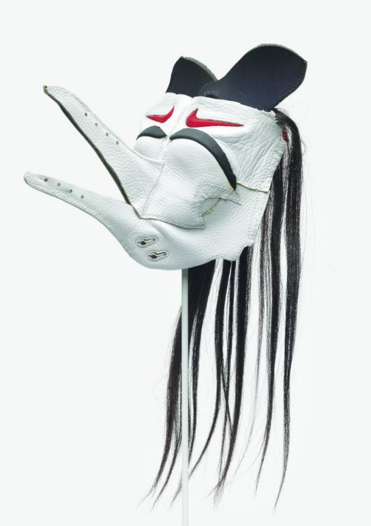 Brian Jungen, Prototype for New Understanding #2, 1998, Nike Air Jordans, hair, 23.0 x 21.0 x 25.5 cm. Collection of the Vancouver Art Gallery. 