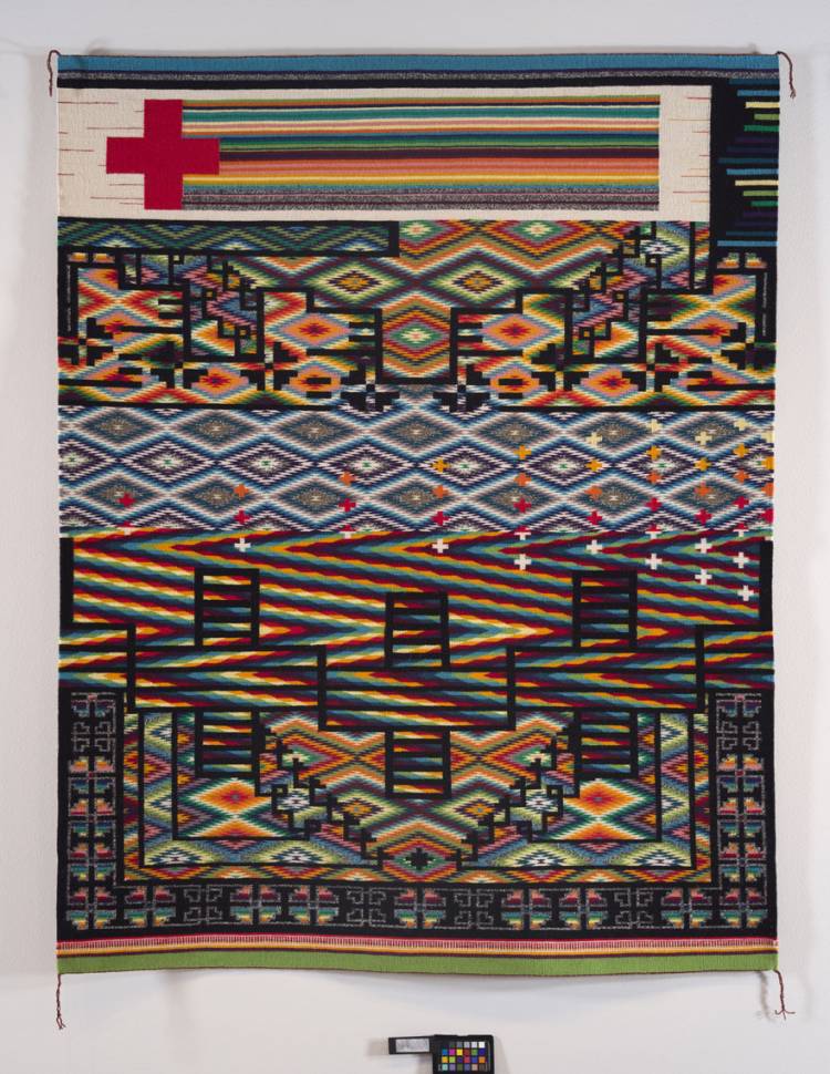 Melissa Cody, Dopamine Regression, 2010. 3-ply wool, aniline dyes, wool warp, and 6-ply selvedge cords, 70 x 48 inches (177.8 x 124.1 cm).