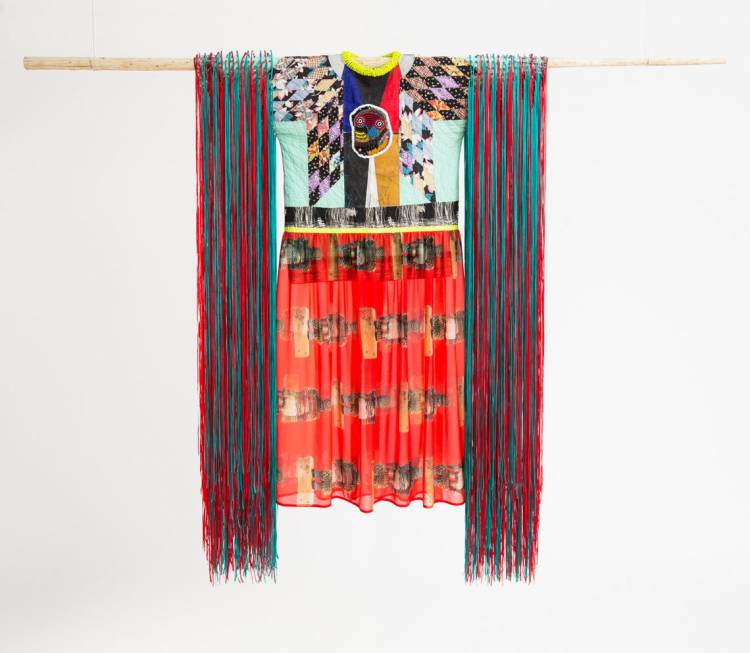 Jeffrey Gibson, Radiant Tushka, 2018. Repurposed quilt; assorted glass, plastic and stone beads; printed chiffon; nylon ribbon; canvas; acrylic paint; nylon fringe; copper, and artificial sinew.