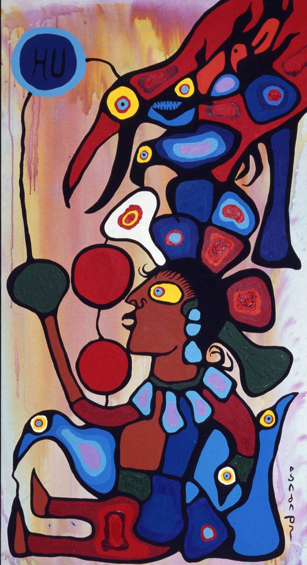 Norval Morrisseau, The Story Teller: The Artist and his Grandfather, 1978. Acrylic on canvas, two parts, each 69.5 x 38 inches (177 x 83.8 cm). 