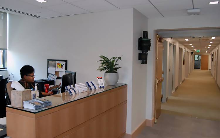 A new office building int he Karsh Alumni and Visitors Center gives staff members of Duke Alumni Affairs and the Office of Undergraduate Admissions comfortable space to work. Photo by Stephen Schramm.