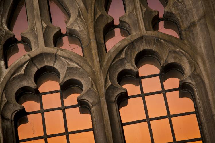 A sunrise seen through the windows of the Gothic Reading Room in the Rubinstein Rare Book and Manuscript Library. The Gothic Reading room ideal for high-intensity studying, requiring focus and quiet.