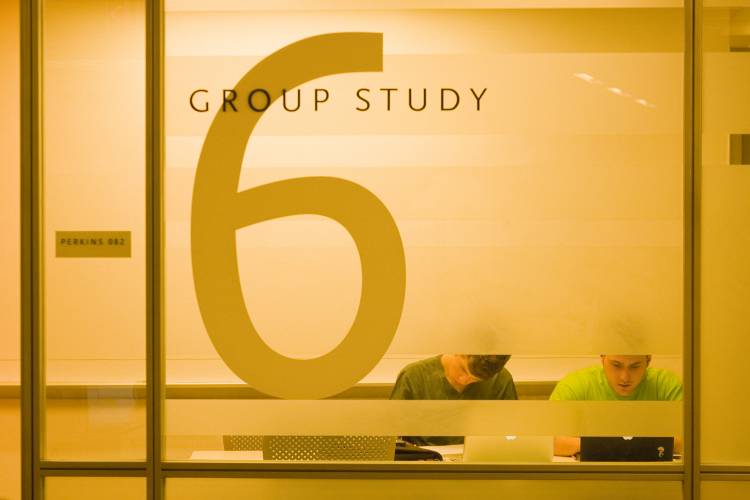 Students study in Group Study Room 6 in the Duke Teaching and Learning Center's 